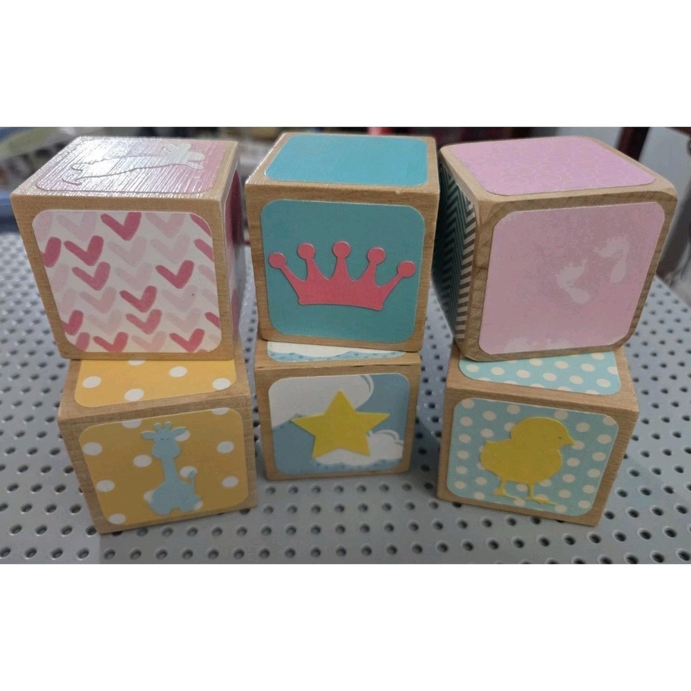 Baby Girl Nursery Wooden Blocks Solid Wood Decor Handmade 6 Pc Lot